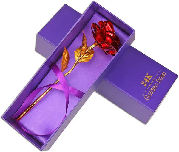 24K Gold Foil Artificial Rose with Base – Romantic Gift & Home Décor (Red)